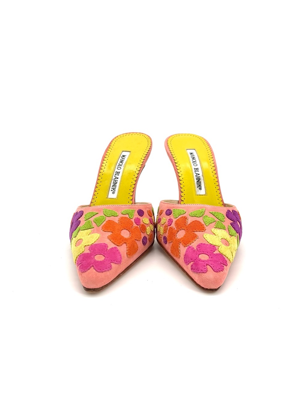 NIB Vintage Manolo Blahnik Floral Pastel Pointed Toe Heeled Mule Pumps 35.5 - Picture 3 of 9
